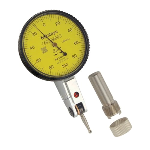 Mitutoyo 513-403-10E Anti-Magnet Horizontal Standard Dial Test Indicator, 0 to 0.008 in Measuring, 0 to 4 to 0 Dial Reading, Graduations 0.0001 in, 1-1/2 in Dial